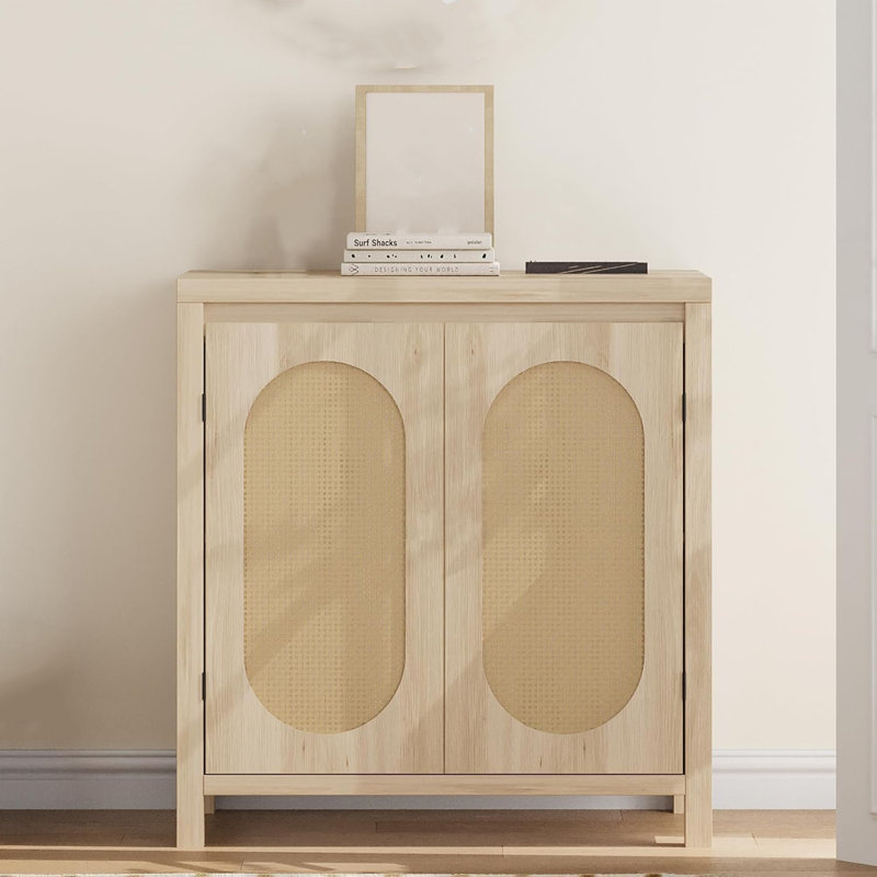 Storage Cabinet With 2 Rattan Doors, Wooden Sideboard Buffet Cabient With Storage, Wood