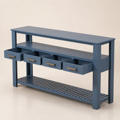 Grande console d'entrée à 4 tiroirs, avec étagères ouvertes à 3 niveaux et poignées en métal, table d'appoint polyvalente pour couloir.