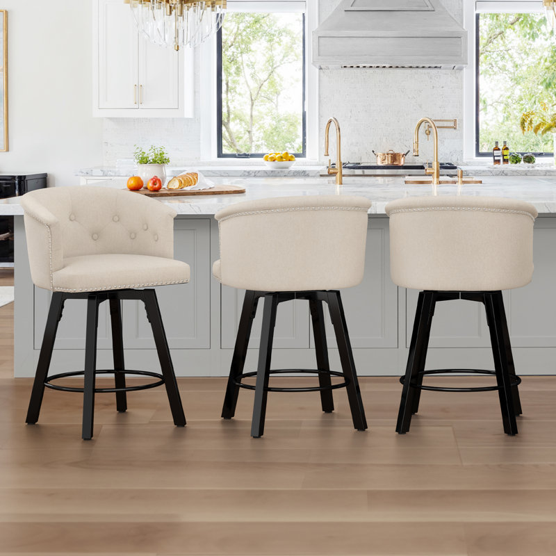 Ensemble de 3 tabourets pivotants avec siège rembourré et structure en métal, Lin lin