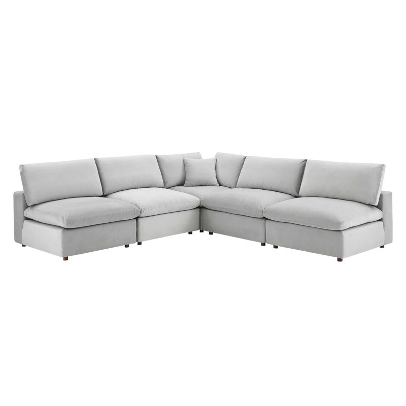Commix Down Filled Overstuffed Velvet 5-Piece Sectional Sofa, Light Gray