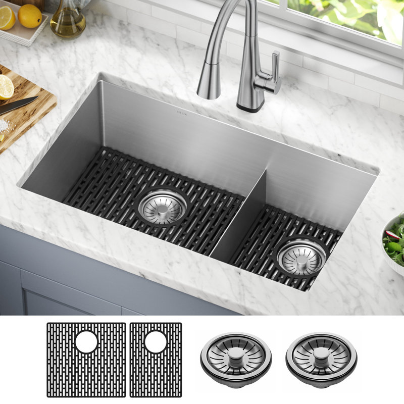 Delta Lenta 32" Satin Stainless Steel Double Bowl Undermount Kitchen Sink