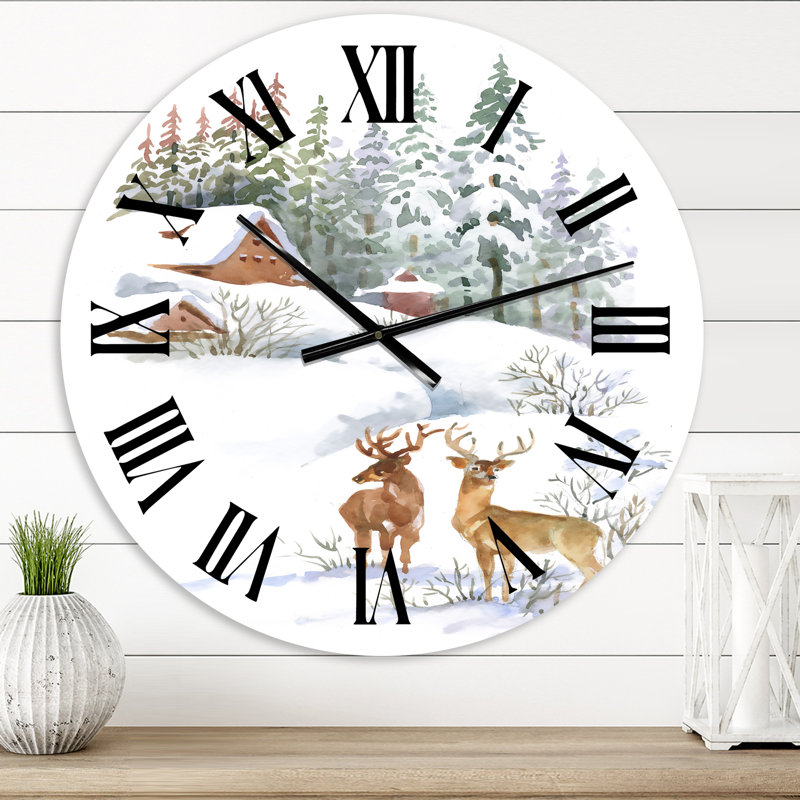 Winter Cottage With Two Deers - Horloge murale, Moyen
