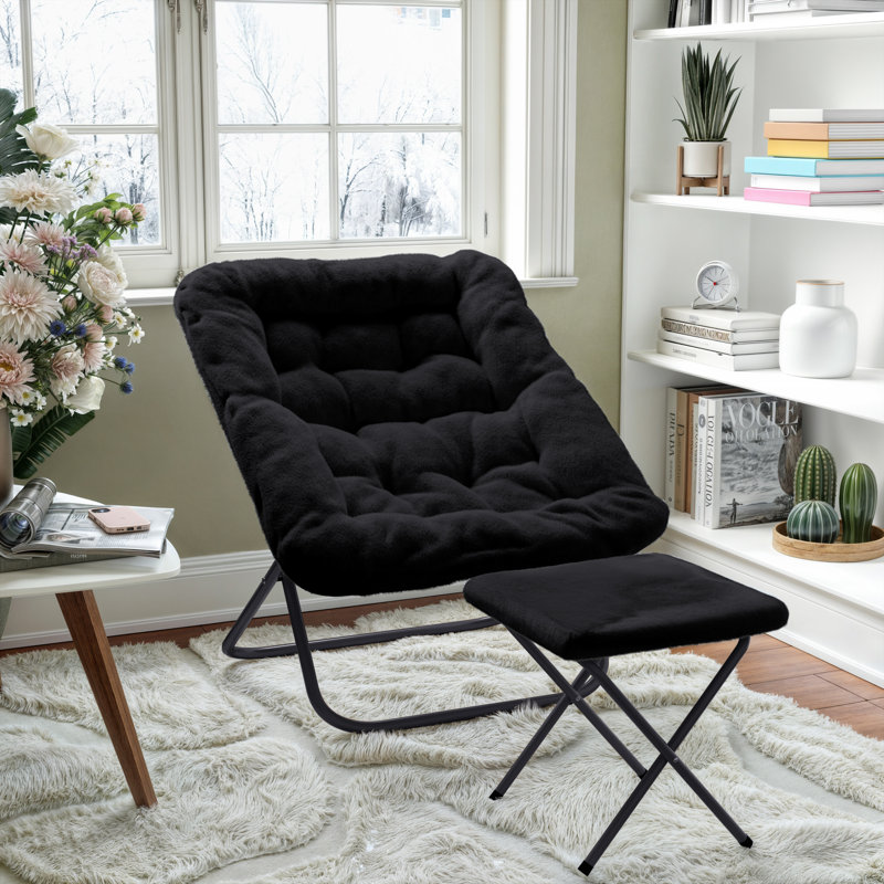 Fauteuil surdimensionné rembourré avec soucoupe et repose-pieds, Polyester noir