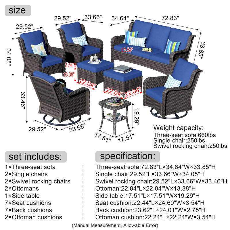 Selma 8 - Person Patio Conversation Set with Cushions, Brown, Navy Blue