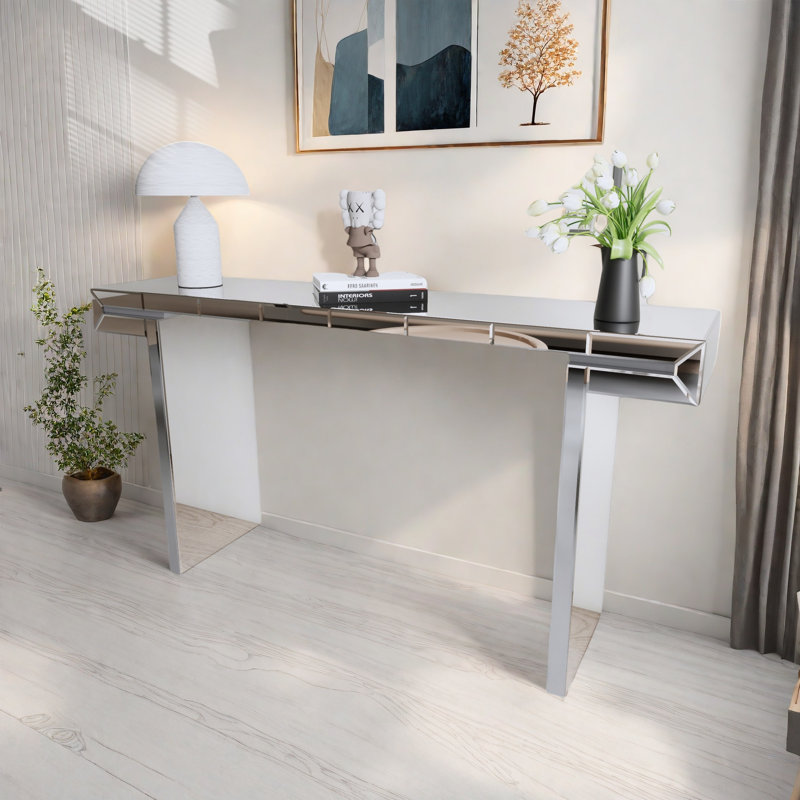Luxury Full-length Mirror Console Table With Fluted Tempered Glass And Rounded Edge