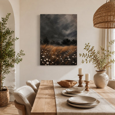 Art mural sur toile de ciel orageux foncé, paysage de champ de fleurs sauvages rétro, décoration murale pour salon chambre à coucher