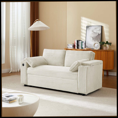 Canapé-lit beige avec causeuse avec accoudoirs de rangement et port USB