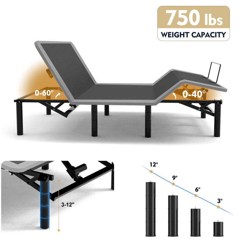 Structure de lit réglable TG simple avec fonction de massage, inclinaison de la tête et des pieds, sous éclairage, double charge, pieds de 4 tailles, assemblage sans effort et massage compact, télécommande sans fil, DEL