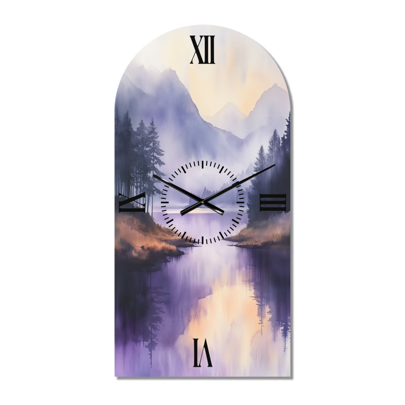 Loch au-dessus de la Mist I - Horloge murale en métal avec arche paysagère, imprimée sur métal, H 39 po x l 19 po - Arche