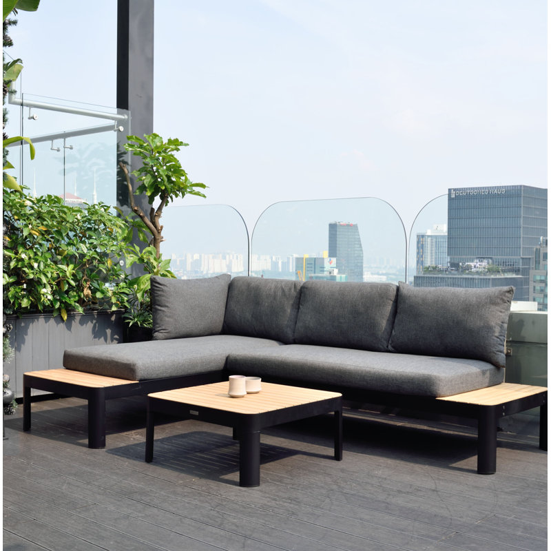 Brix 3-Piece FSC Teak Outdoor Seating Set, Gray Cushion/Black Frame