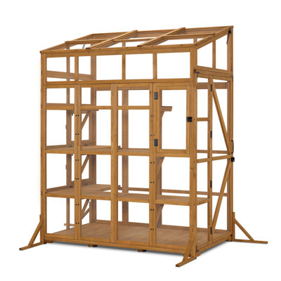 Wooden Walk-In Greenhouse with Acrylic Panels, Large Outdoor Greenhouse with Openable Roof Vents and Lockable Door