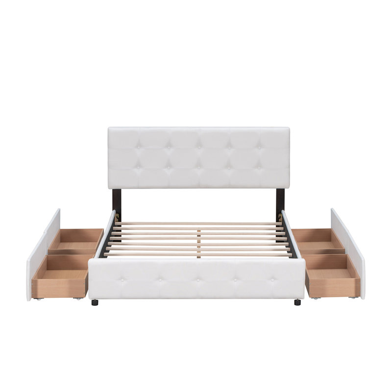 Lit plateforme tapissier avec tête de lit classique et 4 tiroirs, aucun sommier nécessaire, tissu en lin, grand lit blanc