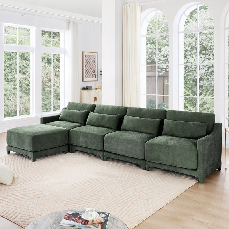 Élégant canapé rembourré en chenille avec design modulaire et repose-pieds assorti pour plus de confort, Chenille verte