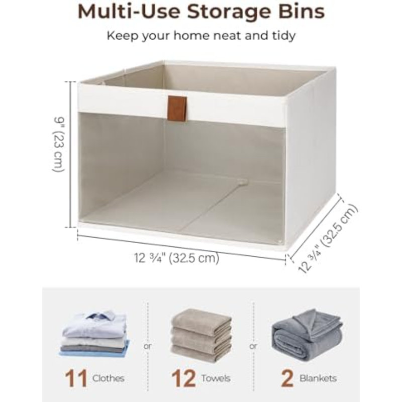 Closet Storage Bins, Large Storage Baskets With Clear Window And Handles, Foldable Fabric Organizer For Clothes, Shelves, Beige, 3 Pack