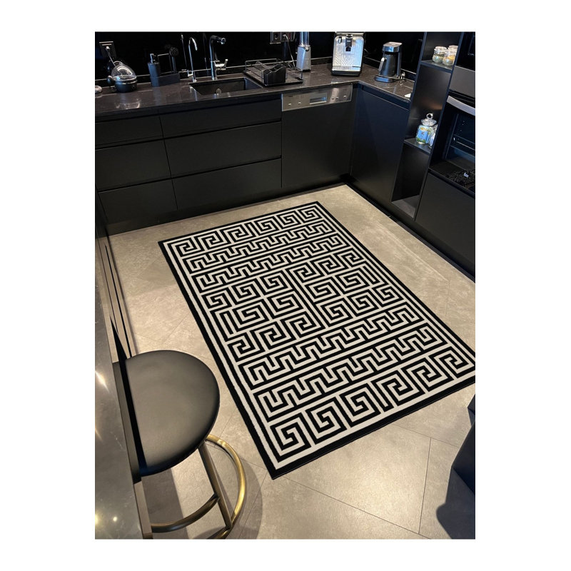 Tapis lavable noir à motif géométrique beige, Tapis de couloir 3 pi 3 po x 9 pi 10 po