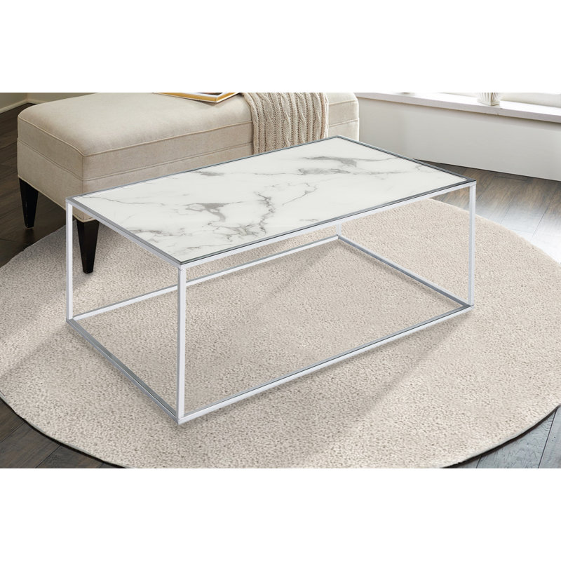 Polytric Frame Coffee Table, White Marble Top / Chrome Base