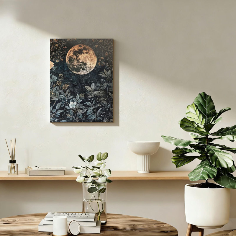 Lune foncée et fleur, impression sur toile, support de cadre en bois massif, 16 po x 24 po