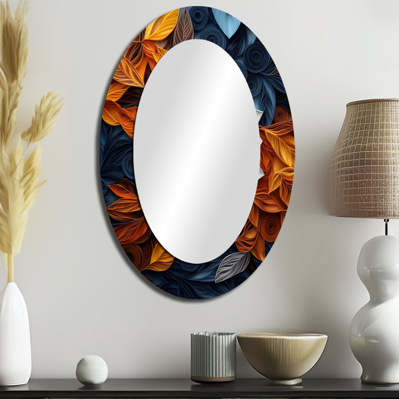 Grand miroir mural ovale en métal White Floral Botanical Whirlwind II, 36 po x 24 po