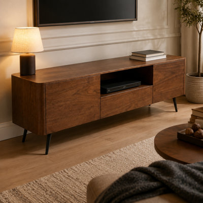 Meuble télé en noyer pour téléviseurs de 85 pouces avec rangement intégré et pattes en fer