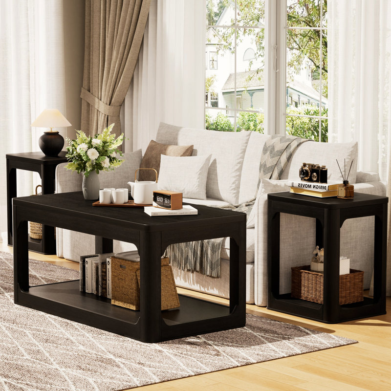 Ensemble de salon moderne 3 pièces, table basse et table d'appoint avec bords arrondis Modern, Black