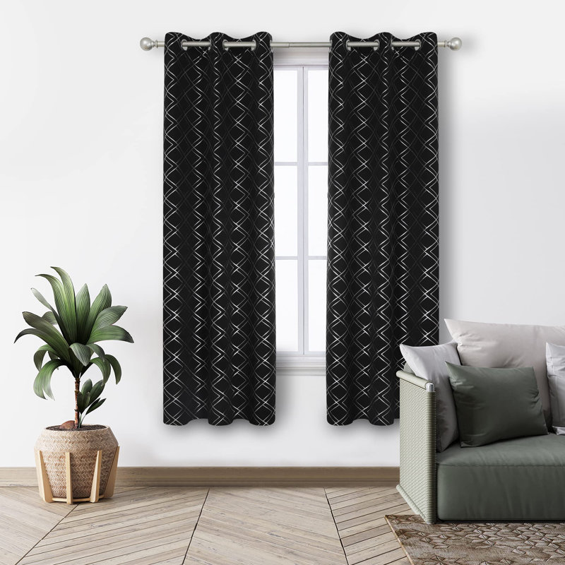 Silver Printed Room Darkening Grommet Curtains (Set of 2), Black, 42" W x 95" L