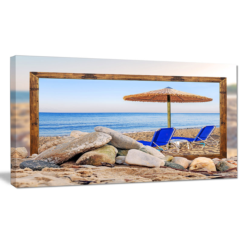 «Encadrée plage avec chaises, parasol», reproduction d'impression sur toile tendue, H 16 po x l 32 po x P 1 po