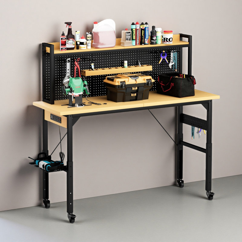 Établi réglable avec panneau perforé, établi en bois robuste avec roues, 1 600 lb Capacité de charge, établi roulant avec prise CA / USB, crochets, tablette, garage, atelier, bureau, maison.