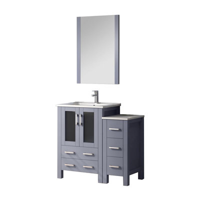 36 In. Wide Dark Grey Vanity For Bathroom With Side Cabinet, Included Faucet, White Ceramic Top, And 22 Full - Length Mirror Bath Copper Trimmed Fauce