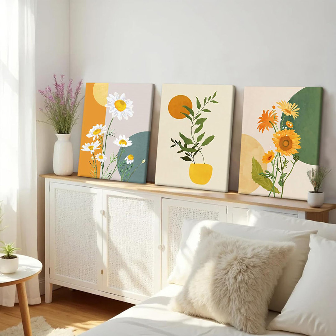 3Pcs Framed Bohe Canvas Wall Art For Living Room, Bohemian Floral Print Artwork For Walls, Minimalist Modern Bohe Wall Art,Daisy Sunflower Poster Wall