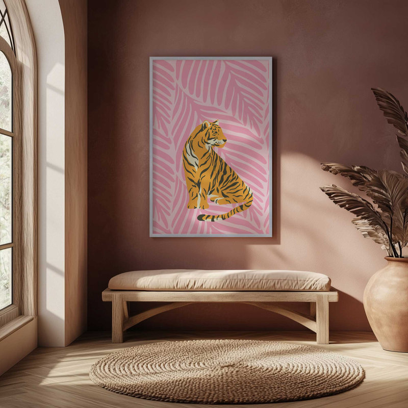 Imprimé tigre dans un paradis rose, H 15,25 po x l 12,25 po, Zinc patiné