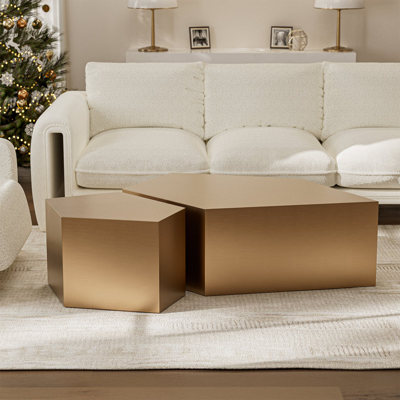  Modern Stainless Coffee Table, Set Of 2 Geometric Design Coffee Table For Living Room Bedroom Antique Gold, Brushed Gold