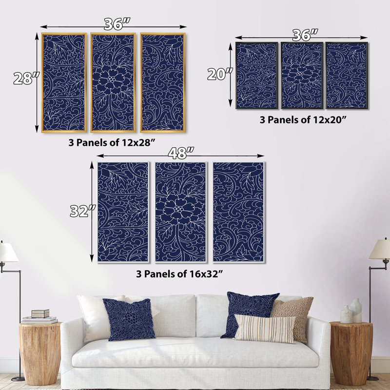 Motif chinois bleu foncé - ensemble d'art moderne sur toile encadrée moderne de 3, Noir, H 28 po x l 36 po x P 1 po