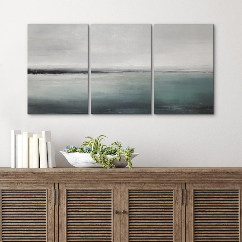 «Minimal Landscape» sarcelle, océan, horizon, nuage, ciel, nature, beaux-arts, décor rustique, campagne / ferme sur toile, 3 pièces