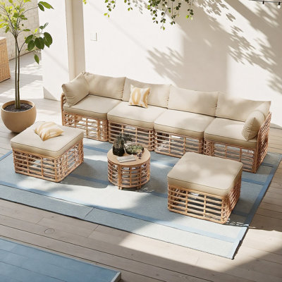 Ensemble de canapé modulaire en rotin 7 pièces toutes saisons, ensemble de conversation en osier avec coussins épais, 6 sièges et table basse ronde, conception modulaire pour patio, jardin ou balcon