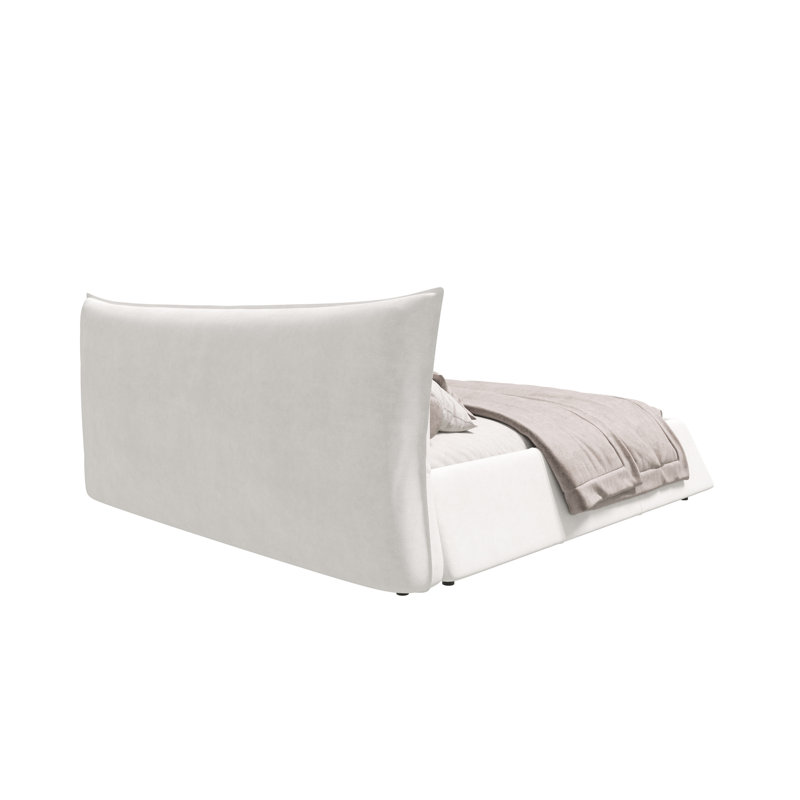 Lit plateforme tapissier avec tête de lit en velours de forme spéciale, structure en métal et bois massif, Crème, crème