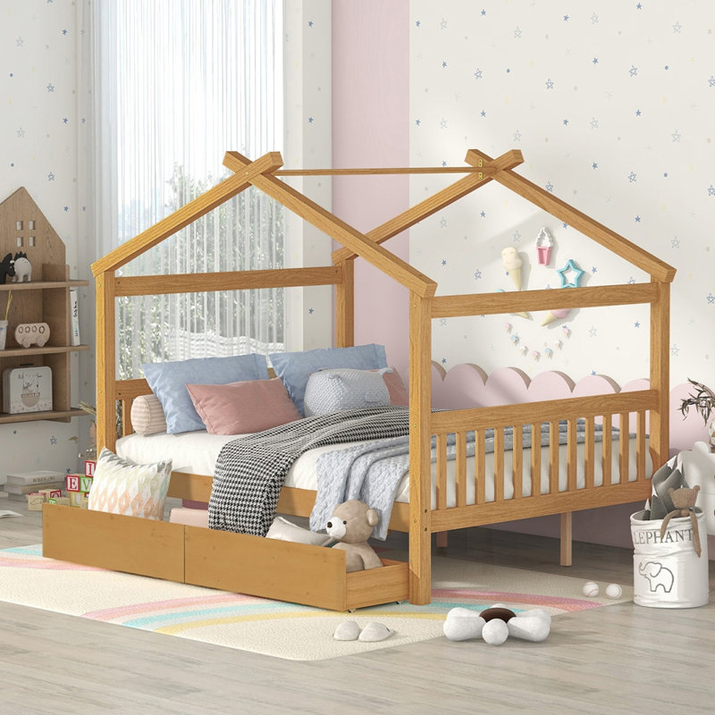 Lit en bois avec tiroirs, Naturel, Double