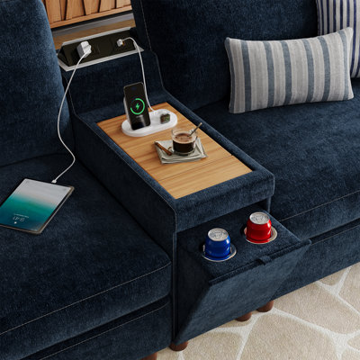 Causeuse 35 po avec console de chargement polyvalente, porte-gobelets et housses lavables, chenille bleu marine