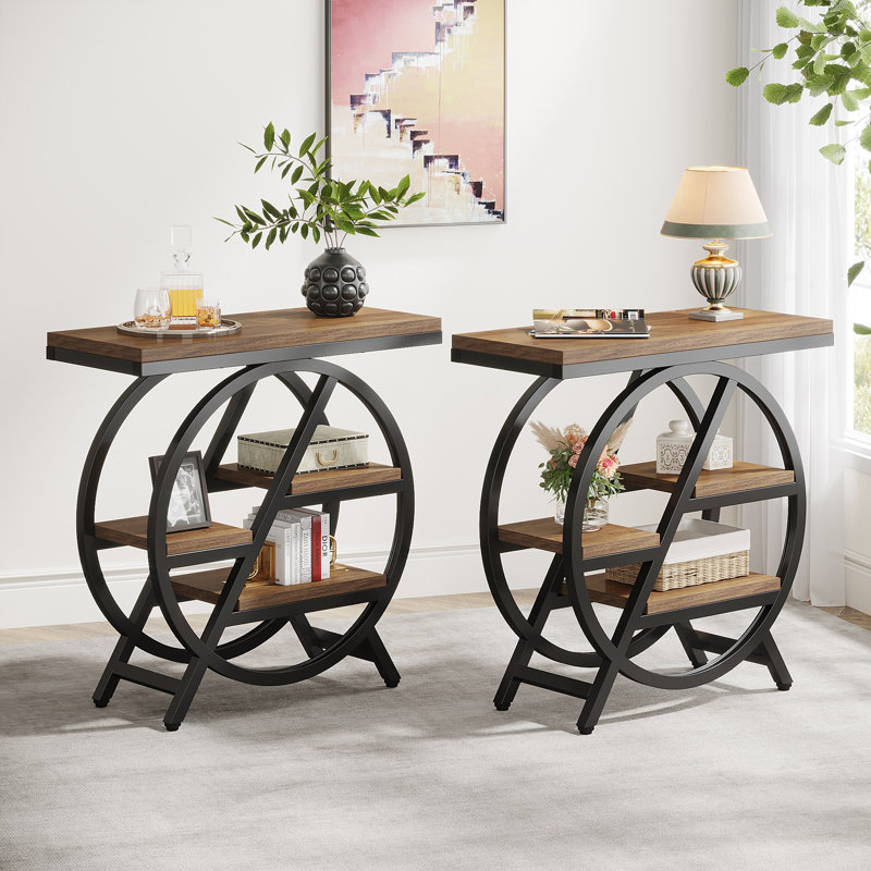 Side Table with Storage, Dark Brown Wood