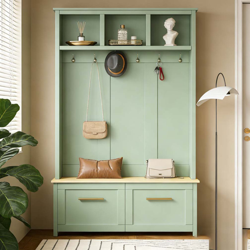 4-in-1 Hall Tree with 6 Golden Hooks, Wood Grain Bench with Multiple Storage Space, Mint Green
