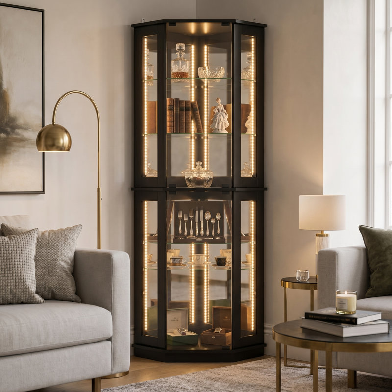 170cm Black Pentagonal Corner Display Cabinet - LED Illuminated Glass Showcase