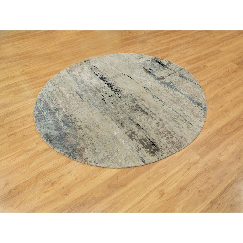 Tapis unique noué à la main de 8 pi de couleur ronde bleu / taupe Fredel