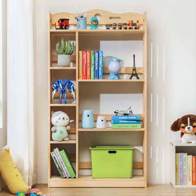 4 Tier Wooden Bookcase, Natural Finish Bookcase for Living Room Book and Toy Storage