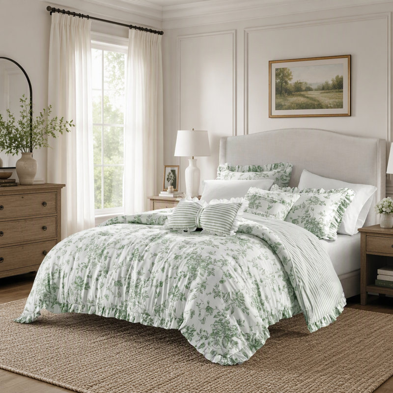 Ensemble d'édredon pour lit double / grand 5 pièces avec coussins décoratifs, vert