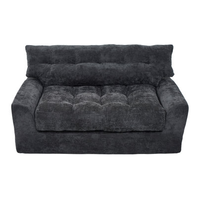 Canapé compressé en chenille noire de 141 cm (55,5 po), canapé profond capitonné avec poche de rangement latérale, coussins amovibles et coussin lombaire, aucun assemblage requis