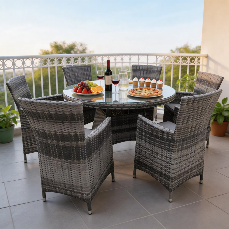 Valladolid 6 - Person Patio Dining Set with Round Table , Cushions Included, Grey, Grey