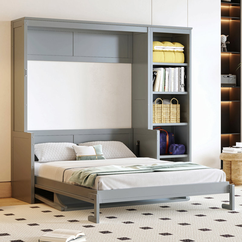 Lit escamotable avec bureau et bibliothèque Murphy, Gris, Lit double