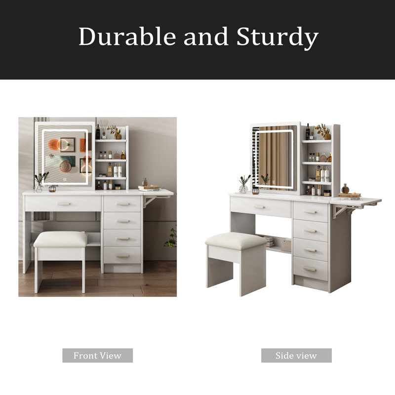 Fashion Vanity Desk With Mirror And Lights For Makeup With Open Shelves And Chair, Vanity Mirror With Lights And Table Set With 3 Color Lighting Brightness Adjustable, 5 Drawers, White Color