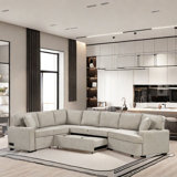 Magedan 126" L-shaped Sectional Pull-out Sofa with Charging Devices, Cup Holders and Pillows