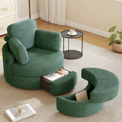  Fauteuil d'appoint pivotant avec repose-pieds demi-lune, chaises rondes avec rangement de tiroir pour le salon, fauteuil demi-tonneau à 360 ° avec port de charge USB (tissu en peluche, vert)