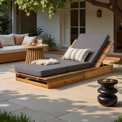 Acacia Wood Chaise Lounge with 4" Thick 3-Fold Dark Gray Movable Cushion – Wide Teak Finish Patio Lounger, 3-Position Recliner, 400 lbs Capacity